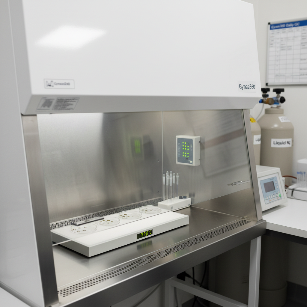 A sophisticated in vitro fertilization (IVF) embryo culture area depicted in photographic realism, showing a glossy white laminar flow hood with a clear glass sash partially lowered. Inside, culture dishes rest on a temperature-controlled stage alongside finely graduated micropipettes and a compact incubator interface panel glowing softly with green indicator lights. The inner stainless-steel surfaces reflect subtle highlights from bright, diffused overhead lab lighting, emphasizing sterility and precision. In the softly blurred background, labeled nitrogen storage tanks and a wall-mounted quality control logboard suggest rigorous procedures at Gynae360. The mood is highly technical, controlled, and full of quiet hope. Shot at eye level with a balanced composition, the image draws focus into the hood interior while maintaining contextual depth around this advanced fertility treatment space.