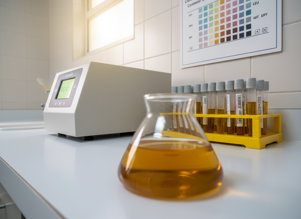 A dedicated urinalysis testing corner in photographic realism, featuring a compact automated urine analyzer with a small digital display, arranged on a smooth white countertop beside neatly aligned sample tubes in a yellow rack. A clear, graduated specimen container tinted amber sits prominently in the foreground, its surface catching soft reflections from overhead lights. Nearby, a laminated color comparison chart for test strips is mounted on the wall, with pastel reagent pads printed in orderly columns. The background hints at Kingston’s brightness through a small frosted window, allowing diffused tropical daylight to soften the cool lab lighting. The mood is efficient, clean, and reassuringly methodical. Captured from a low, close perspective with shallow depth of field, the analyzer and sample container are tack sharp while the surroundings gently blur, emphasizing focused diagnostic care.