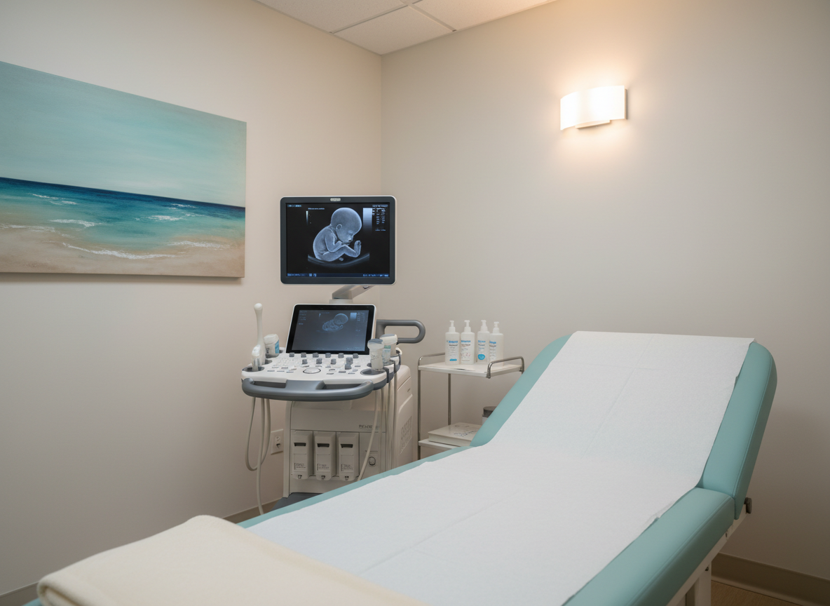 A serene, private ultrasound examination room rendered in photographic realism, centered on a modern ultrasound machine with a high-resolution screen displaying a grayscale fetal image. The machine’s white and silver casing, coiled probe cables, and neatly arranged gel bottles rest beside a padded, light teal examination bed with fresh white paper lining. Walls are painted a soft, calming off-white with a muted abstract artwork hinting at Caribbean blues and greens. Warm, diffused ceiling lights and a small wall sconce create a gentle, welcoming glow without glare, casting minimal shadows. The mood is reassuring and intimate, ideal for obstetric and gynecology care. Composed at eye level with a slight diagonal view from the foot of the bed, the image feels spacious yet private, emphasizing comfort and professionalism.