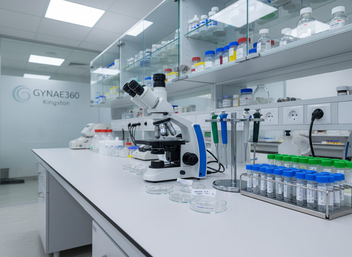 A spotless fertility laboratory bench in photographic realism, with neatly arranged IVF equipment: a high-end inverted microscope with a matte white body and black eyepieces, precision micro-pipettes in a chrome stand, labeled petri dishes, and cryovials resting in a stainless-steel rack. The bench surface is a smooth, light grey, non-reflective material, contrasting with vivid blue and green tube caps. Behind, glass-front cabinets reveal carefully ordered reagents and culture media. Bright, cool overhead LED lighting creates crisp, clinical clarity with soft reflections on metallic surfaces and no harsh shadows. The atmosphere is highly professional, controlled, and trustworthy. Shot from a slightly elevated angle with sharp focus throughout, the composition emphasizes meticulous organization and advanced fertility technology appropriate for Gynae360’s Kingston-based clinic.