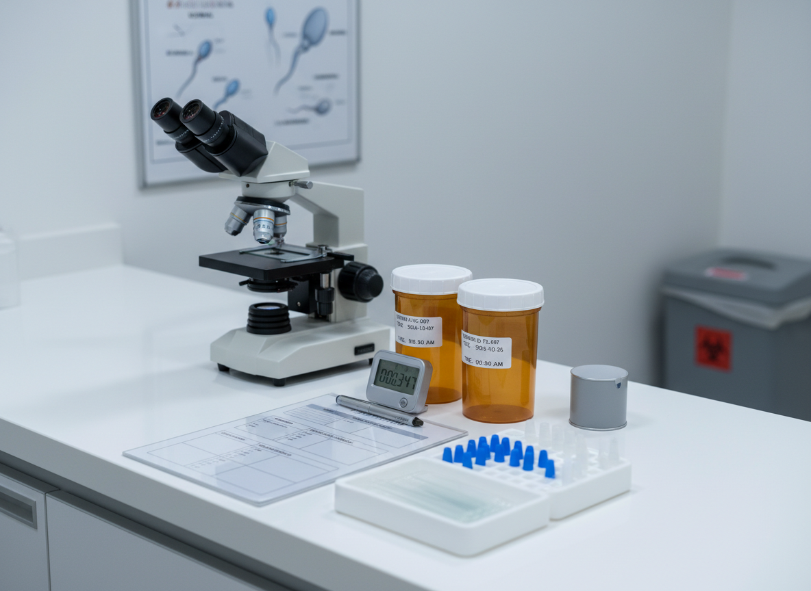 A close-up, photographic realism scene of a semen analysis workstation at a fertility clinic, featuring a pristine white lab counter with a compact microscope, several clearly labeled specimen containers with opaque privacy lids, and a digital timer displaying precise minutes and seconds. A laminated analysis checklist lies flat beside a small tray holding disposable pipette tips and slides. The background shows a blurred, wall-mounted chart of sperm morphology diagrams and a discreet biohazard disposal unit. Cool, evenly distributed overhead lighting ensures no harsh reflections on the container surfaces, enhancing the clinical precision. The atmosphere is strictly professional, discreet, and methodical. Captured from a slightly elevated, three-quarter angle with moderate depth of field, the foreground instruments are in crisp focus while the background details subtly reinforce the diagnostic context.